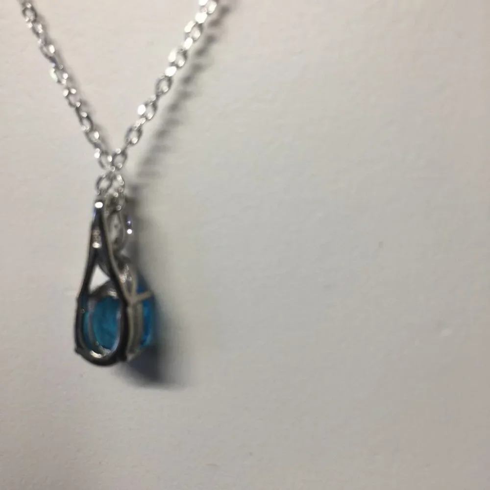 CZ Cubic Zirconia Aqua Drop Pendant Sterling Silver  Necklace -18 inches